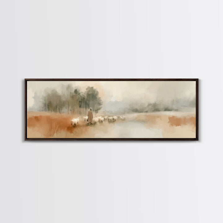 Gentle Pasture Walk, Framed Canvas Print, Panoramic Wall Art, Christian Art Canvas, Christian Art, Modern Christian Art, Jesus Painting, Ch