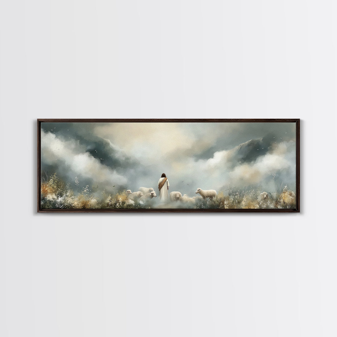 Hillside Shepherd Peace – Framed Canvas Print – Panoramic Frame – Christian Art – Christian Art Prints – Jesus Painting – Christian Wall Ar