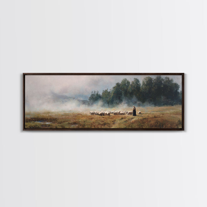 Morning Pasture Stillness | Framed Canvas Print | Panoramic Print | Christian Wall Art | Christian Art Canvas | Jesus Painting | Christian