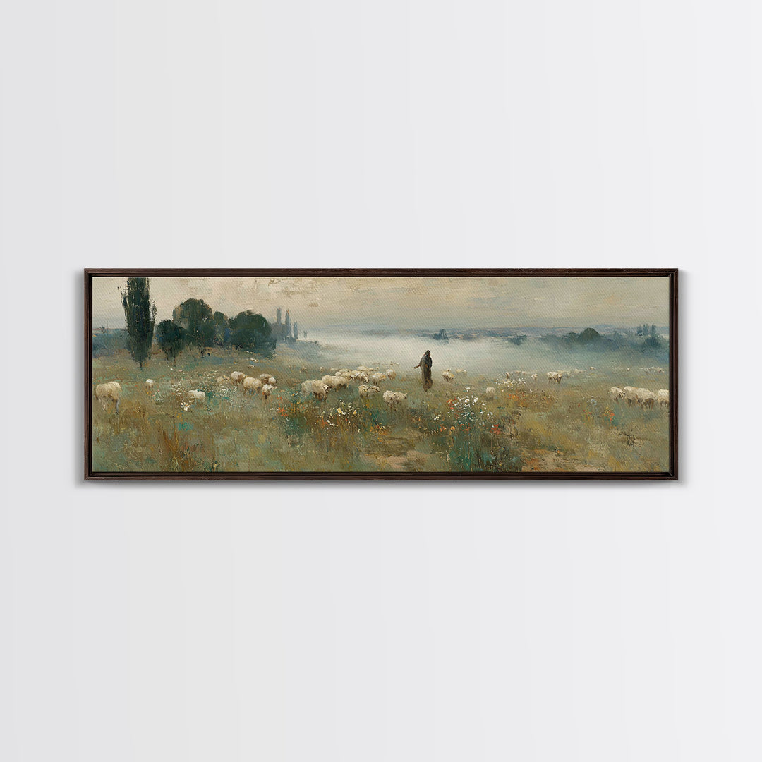 Wildflower Shepherd Path, Framed Canvas Print, Panoramic Art, Christian Wall Art, Jesus Painting, Christian Art Canvas, Vintage Christian A