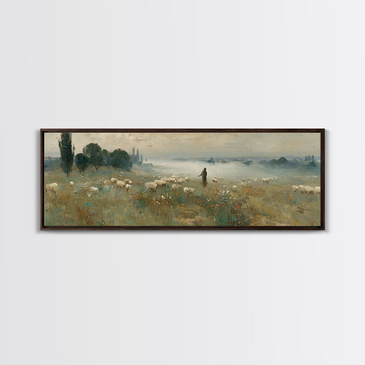 Wildflower Shepherd Path, Framed Canvas Print, Panoramic Art, Christian Wall Art, Jesus Painting, Christian Art Canvas, Vintage Christian A
