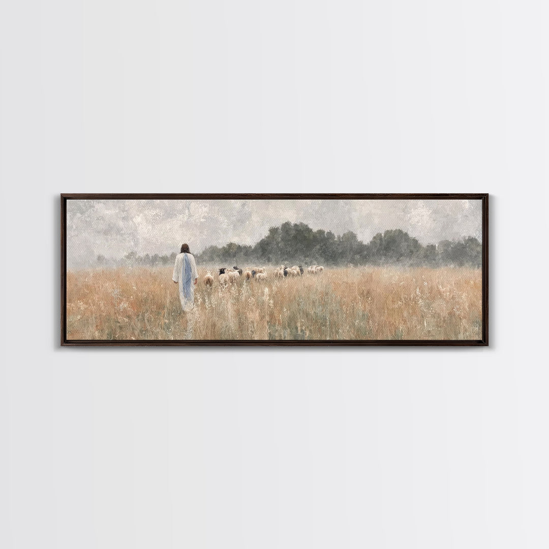 Golden Field Shepherd | Framed Canvas Print | Panoramic Wall Art | Christian Art | Jesus Painting | Christian Art Canvas | Modern Christian