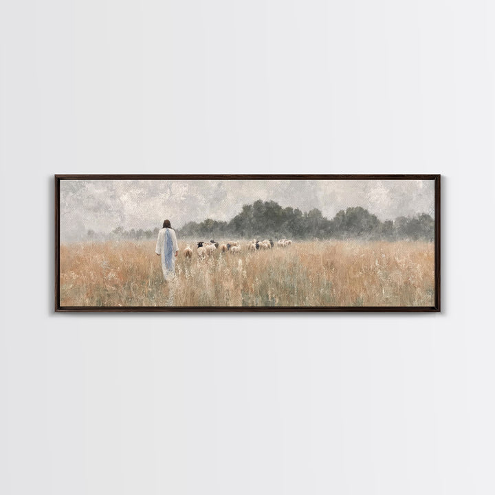 Golden Field Shepherd | Framed Canvas Print | Panoramic Wall Art | Christian Art | Jesus Painting | Christian Art Canvas | Modern Christian