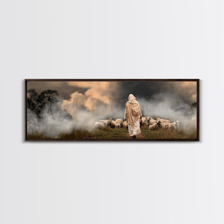 Twilight Shepherd Journey – Framed Canvas Print – Panoramic Art – Christian Art Canvas – Jesus Painting – Christian Wall Art – Moody Christ