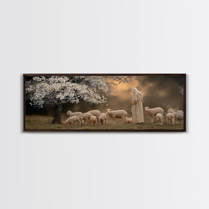 Springtime Shepherd, Framed Canvas Print, Christian Wall Art, Jesus Painting, Panoramic Painting, Christian Art Canvas, Christian Christmas