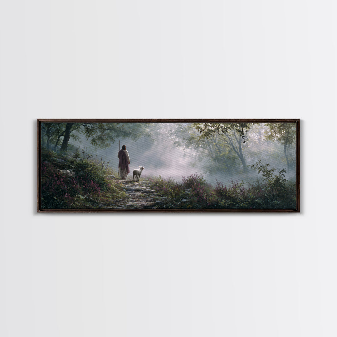 Forest Dawn Path, Framed Canvas Print, Panoramic Painting, Christian Wall Art, Jesus Painting, Christian Art Canvas, Christian Christmas Ar