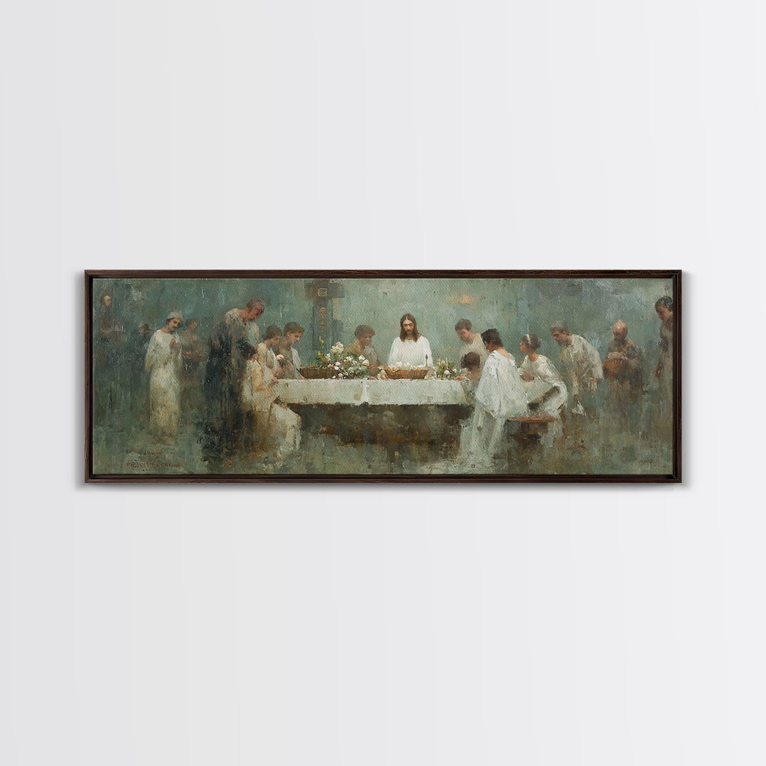Sacred Table Gathering | Framed Canvas Print | Christian Wall Art | Panoramic Art | Christian Art Canvas | Jesus Painting | Christian Chris