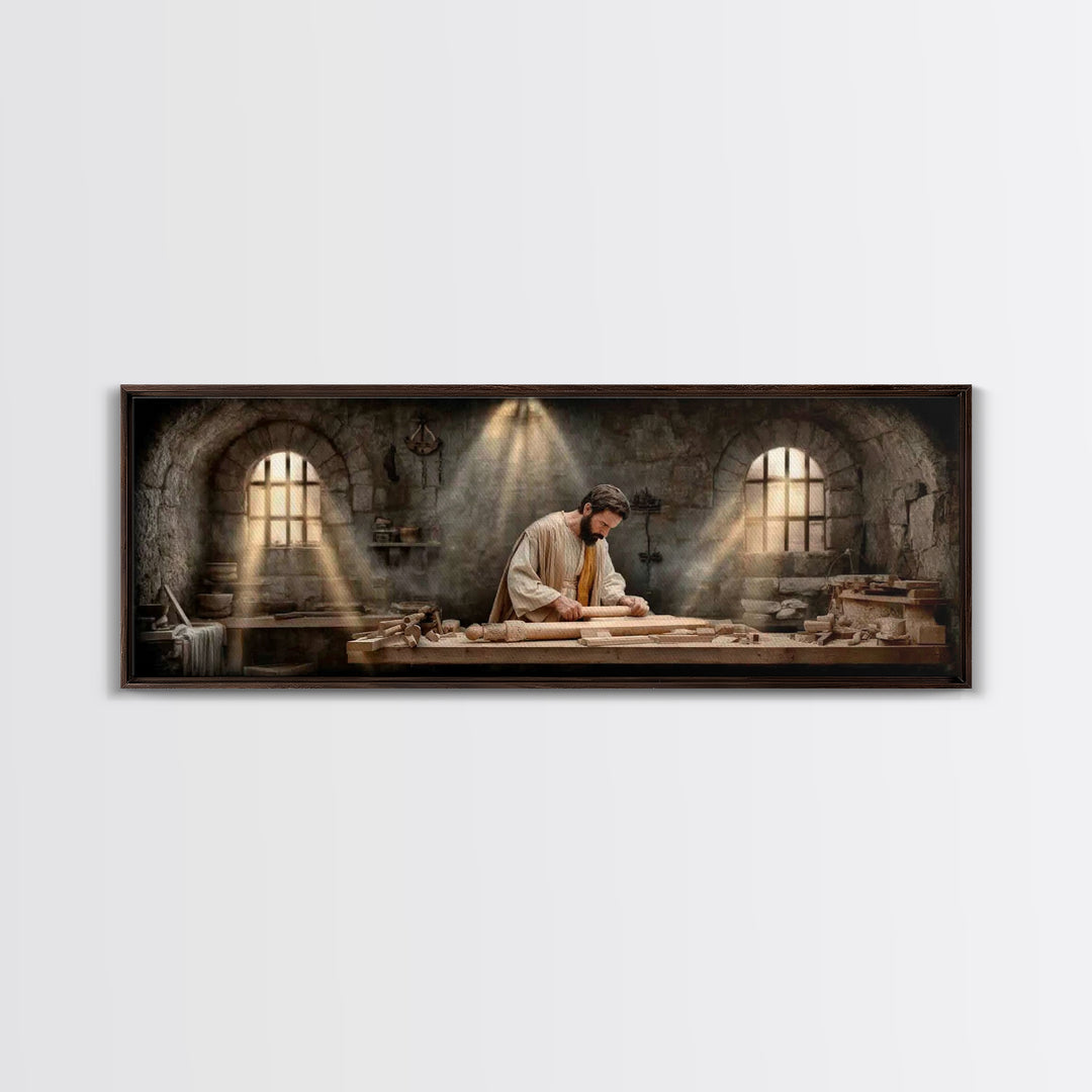 Carpenter Of Grace, Framed Canvas Print, Christian Art Canvas, Panoramic Painting, Christian Wall Art, Jesus Painting, Christian Christmas