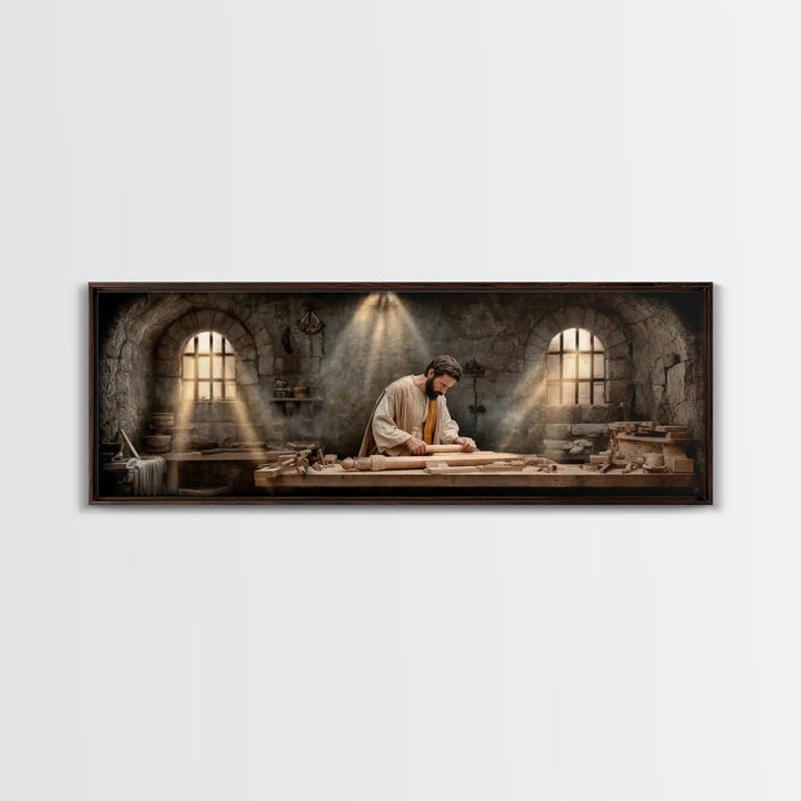 Carpenter Of Grace, Framed Canvas Print, Christian Art Canvas, Panoramic Painting, Christian Wall Art, Jesus Painting, Christian Christmas