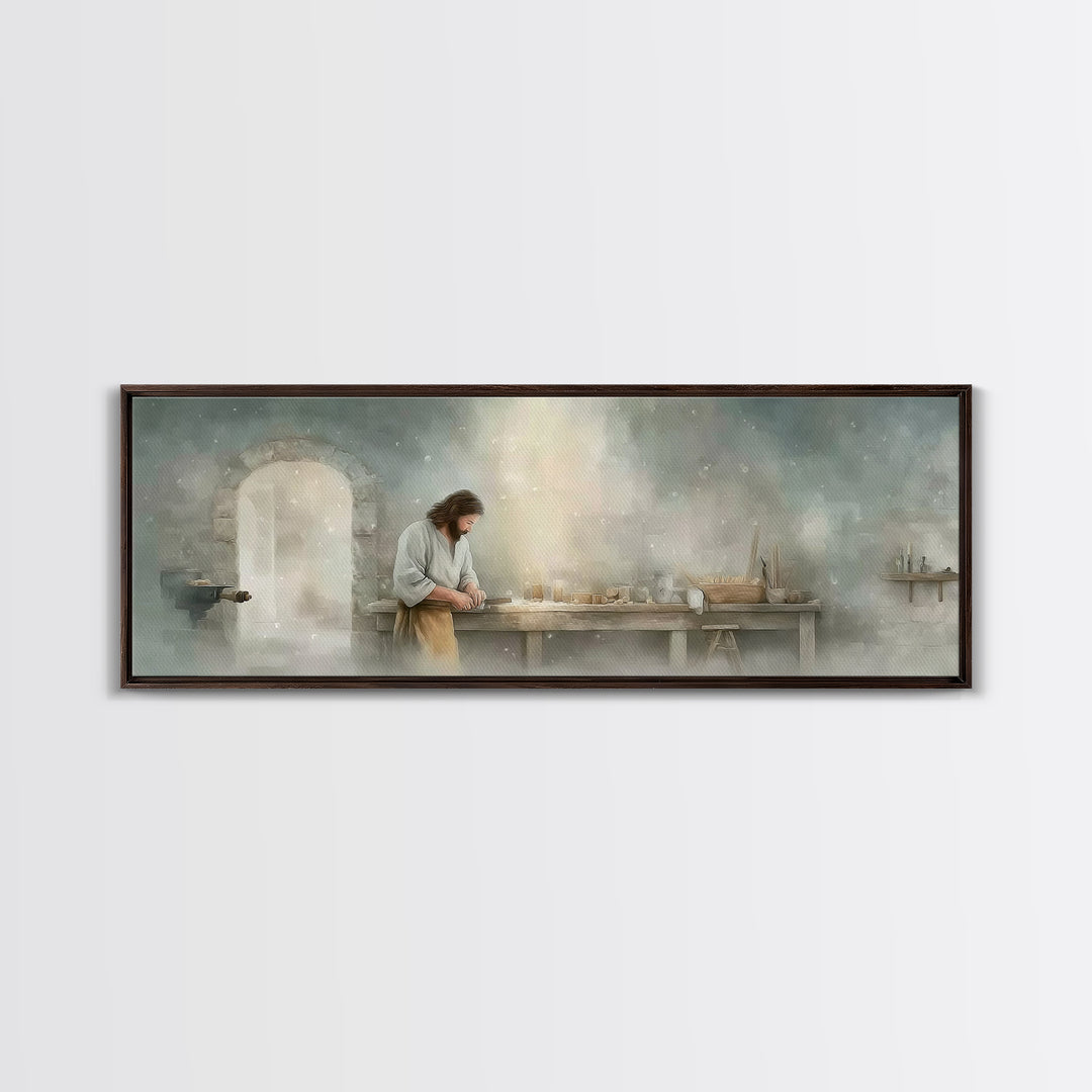 Holy Workbench Glow | Framed Canvas Print | Christian Wall Art | Panoramic Painting | Christian Art Canvas | Jesus Painting | Christian Art