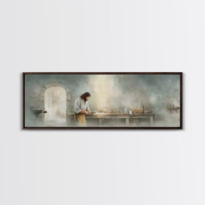 Holy Workbench Glow | Framed Canvas Print | Christian Wall Art | Panoramic Painting | Christian Art Canvas | Jesus Painting | Christian Art