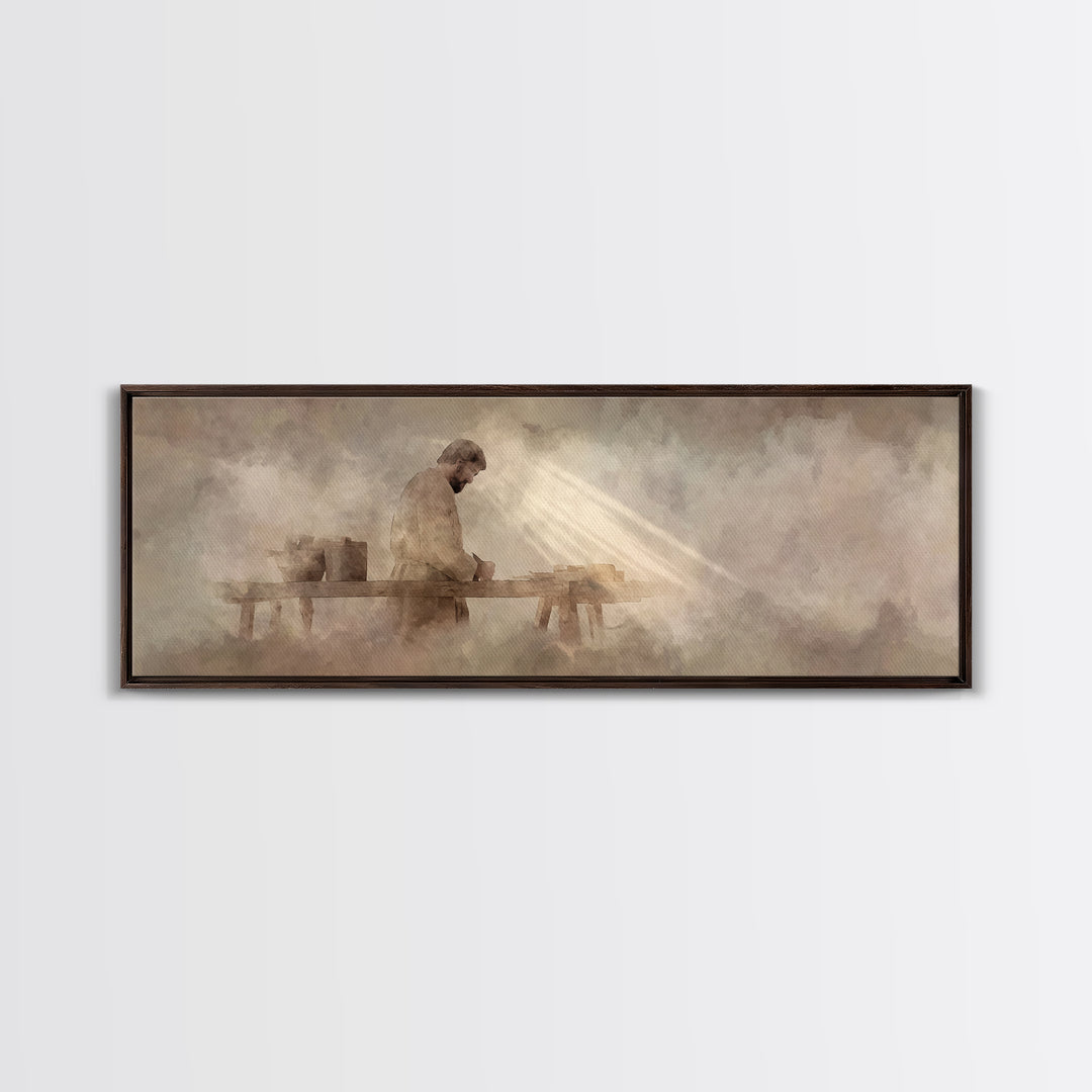 Radiant Carpenter Dawn, Framed Canvas Print, Christian Wall Art, Jesus Painting, Panoramic Wall Art, Christian Art Canvas, Christian Art