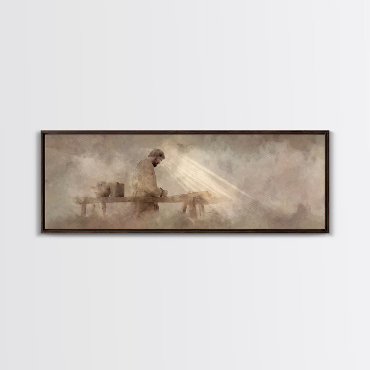 Radiant Carpenter Dawn, Framed Canvas Print, Christian Wall Art, Jesus Painting, Panoramic Wall Art, Christian Art Canvas, Christian Art