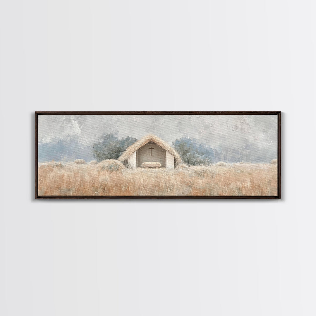 Fieldside Manger | Framed Canvas Print | Christian Wall Art | Christian Art Canvas | Panoramic Art | Christmas Art | Christian Christmas De