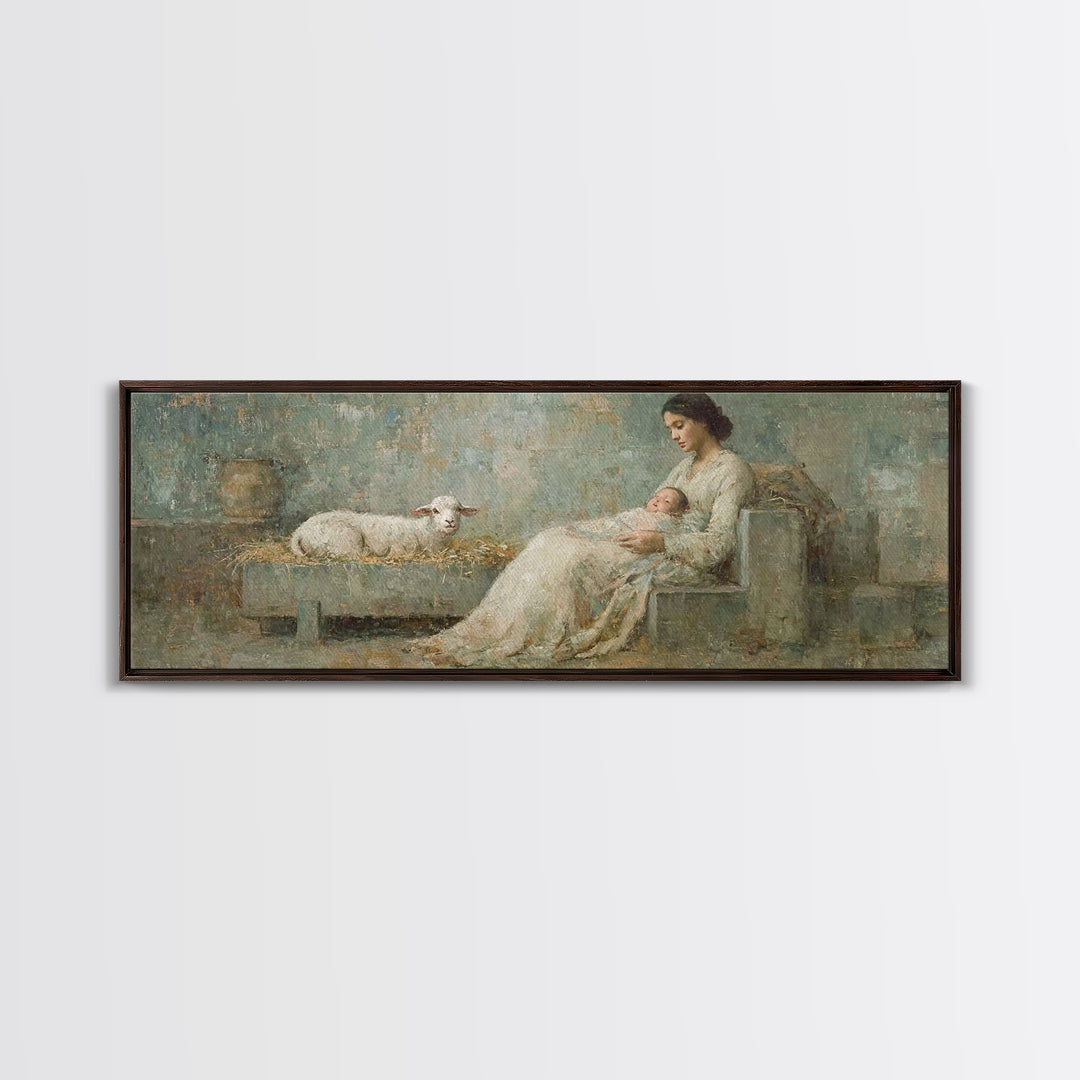 Mother And Lamb, Framed Canvas Print, Christian Art Canvas, Christian Wall Art, Panoramic Art, Jesus Painting, Christian Christmas Decor