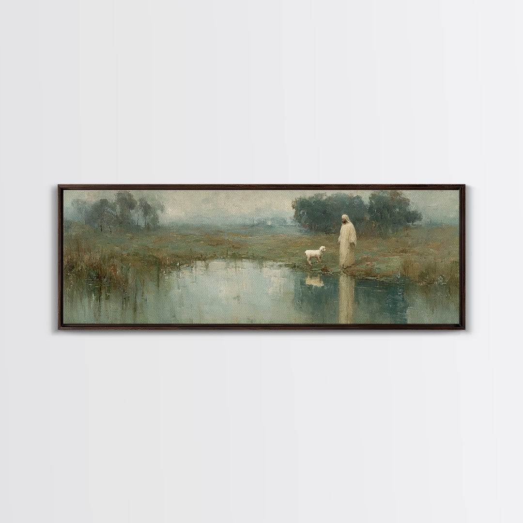Still Waters Calling, Framed Canvas Print, Panoramic Wall Art, Christian Art Canvas, Christian Wall Art, Jesus Painting, Christian Decor