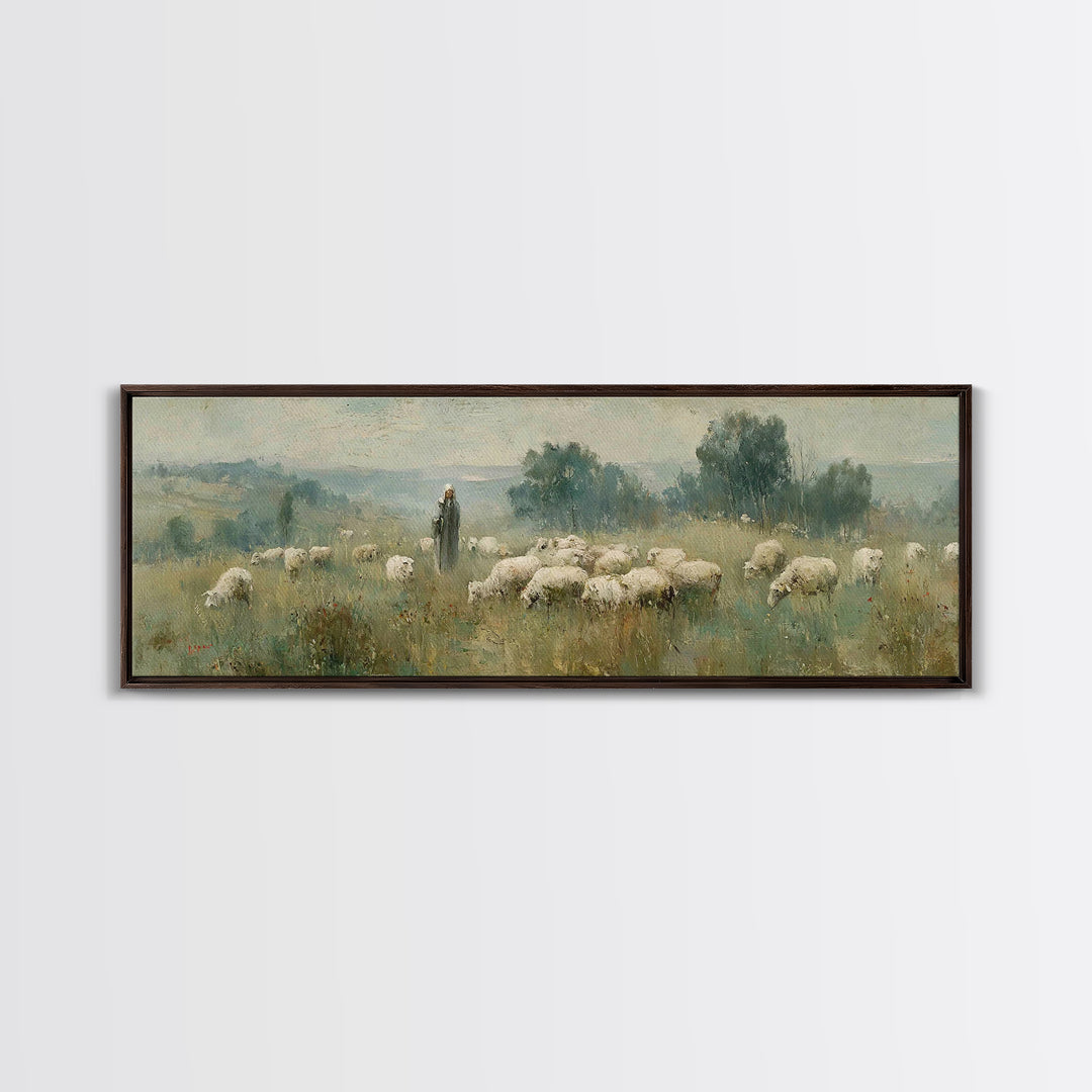 Pastoral Daybreak, Framed Canvas Print, Panoramic Art, Christian Wall Art, Christian Art Canvas, Christian Painting, Jesus Wall Art