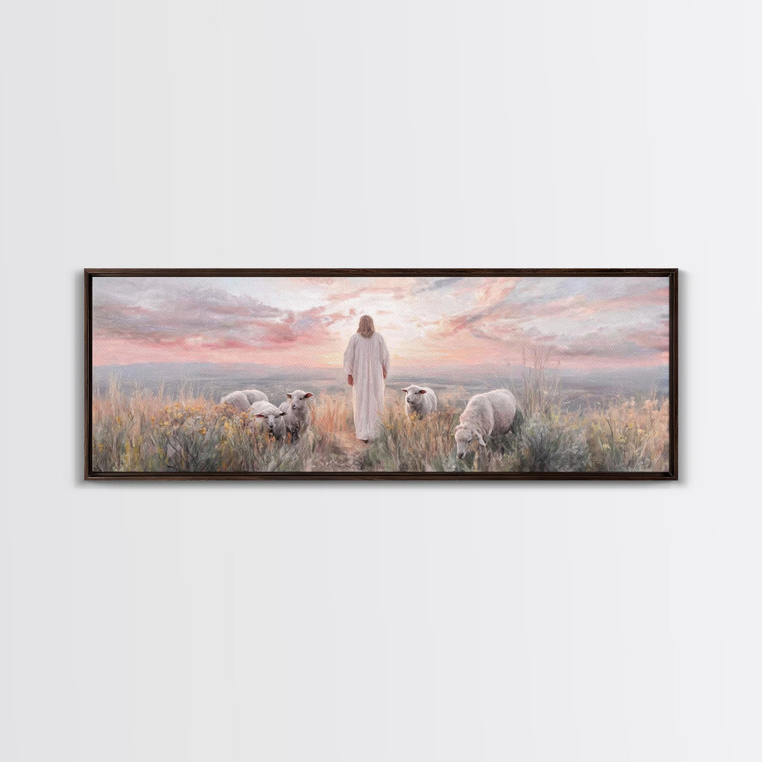 Dawn Among The Flock | Framed Canvas Print | Panoramic Wall Art | Christian Wall Art | Christian Art Canvas | Christian Painting | Jesus Ar