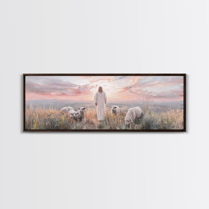 Dawn Among The Flock | Framed Canvas Print | Panoramic Wall Art | Christian Wall Art | Christian Art Canvas | Christian Painting | Jesus Ar