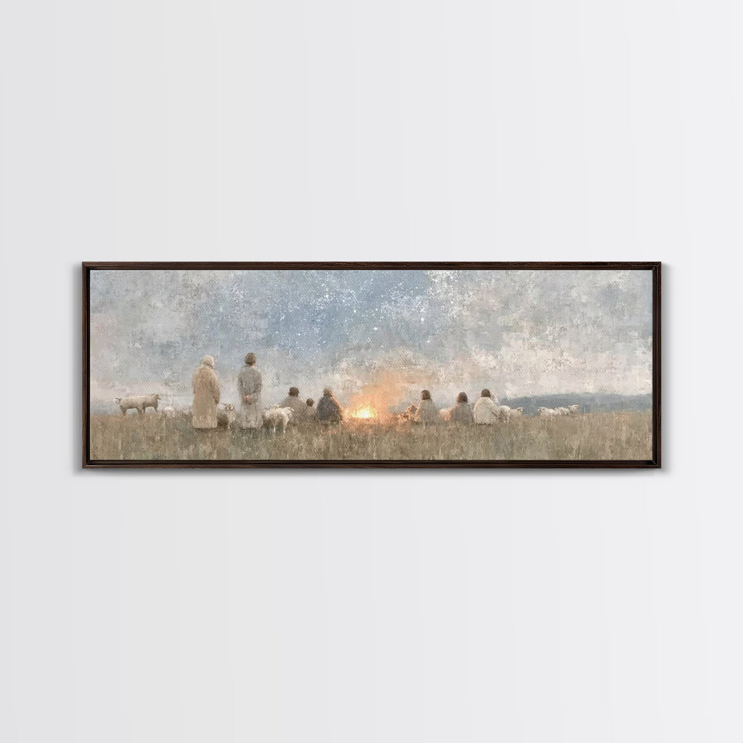Quiet Field Gathering – Framed Canvas Print – Panoramic Painting – Christian Art – Vintage Christmas Art – Christian Wall Art – Subtle Chri