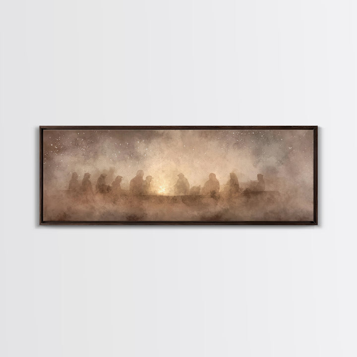 Fireside Reverence, Framed Canvas Print, Panoramic Wall Art, Christian Art Canvas, Moody Christmas Art, Christian Wall Art, Christian Decor