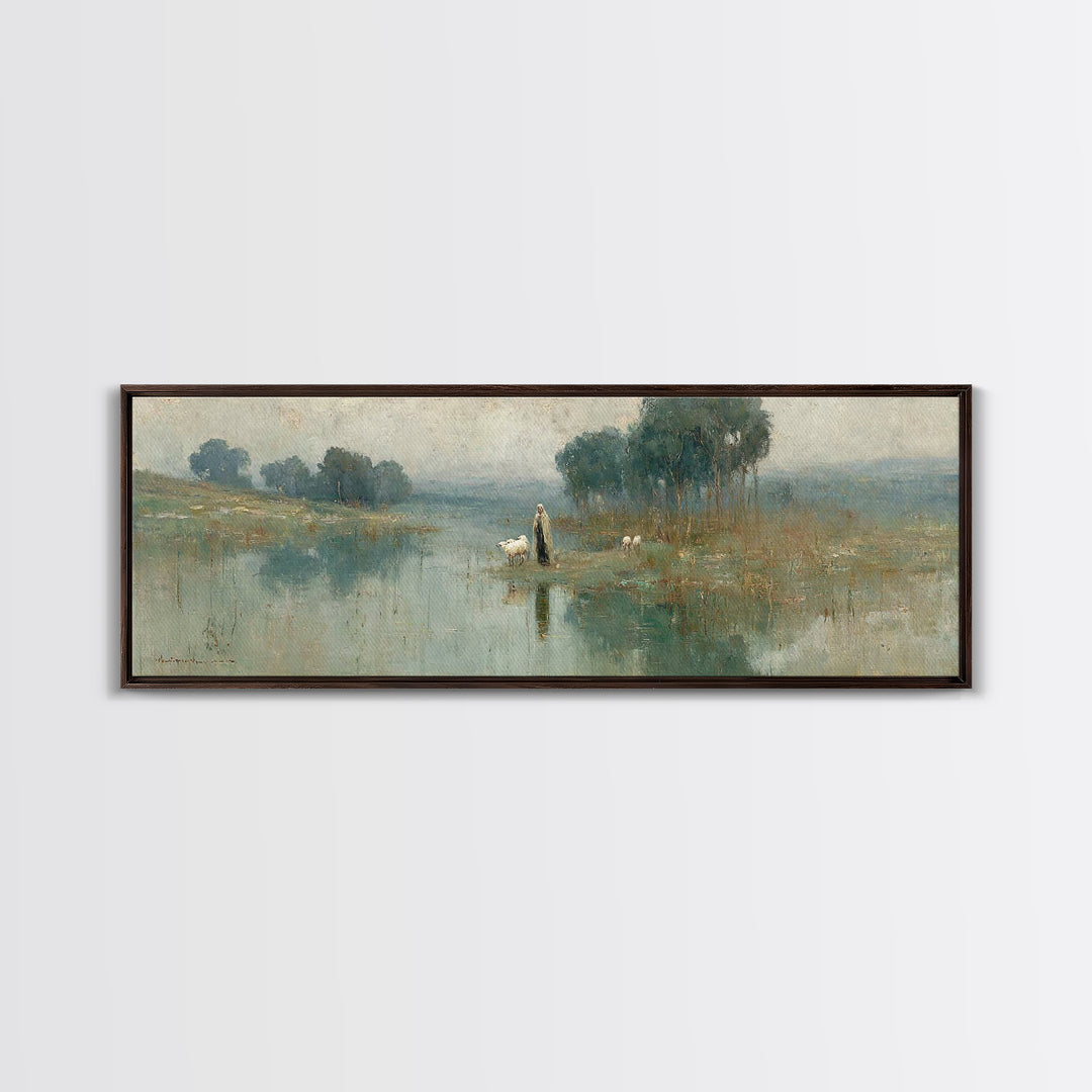 Quiet Shepherd Walk, Framed Canvas Print, Christian Wall Art, Christian Art Canvas, Jesus Painting, Panoramic Painting, Christian Christmas