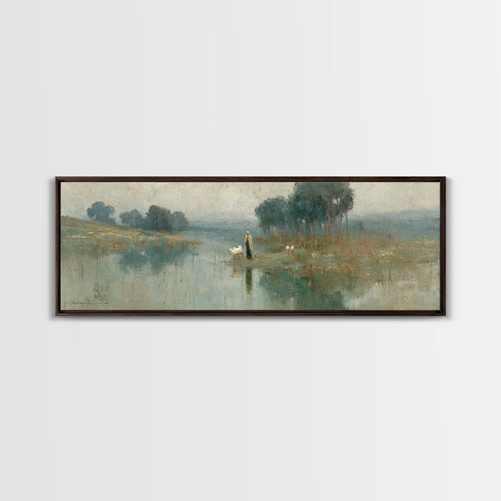Quiet Shepherd Walk, Framed Canvas Print, Christian Wall Art, Christian Art Canvas, Jesus Painting, Panoramic Painting, Christian Christmas