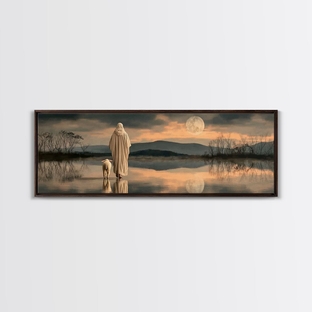 Moonlit Shepherd Path – Framed Canvas Print – Jesus Painting – Christian Wall Art – Christian Art Canvas – Panoramic Print – Christian Chri