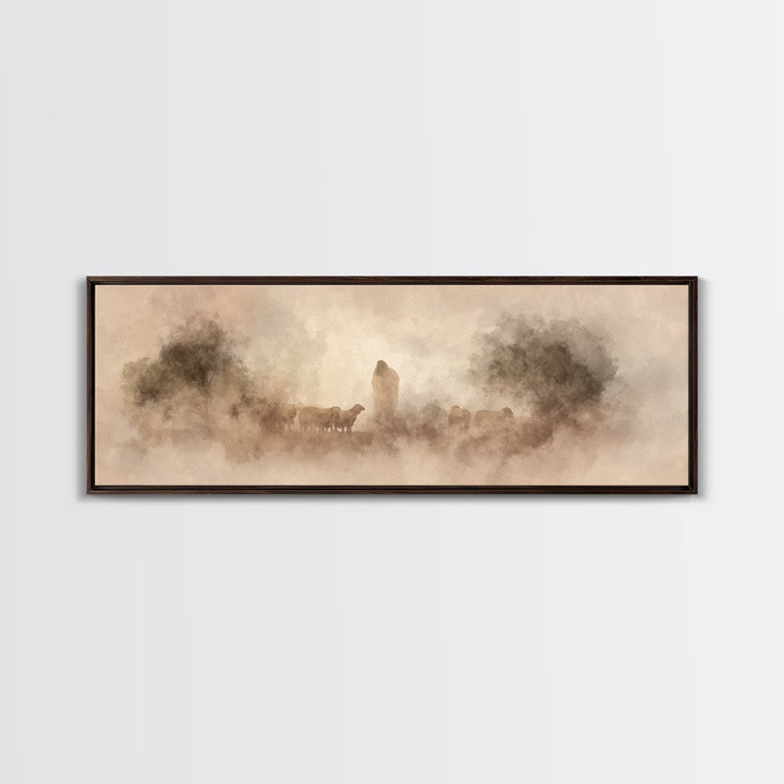 Quiet Pasture Grace | Framed Canvas Print | Panoramic Art | Christian Art | Jesus Art Print | Christian Wall Art | Christian Decor For Home