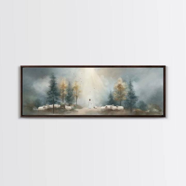Light Of The Shepherd, Framed Canvas Print, Panoramic Wall Art, Christian Art Canvas, Jesus Painting, Christian Christmas Art, Christian Ar