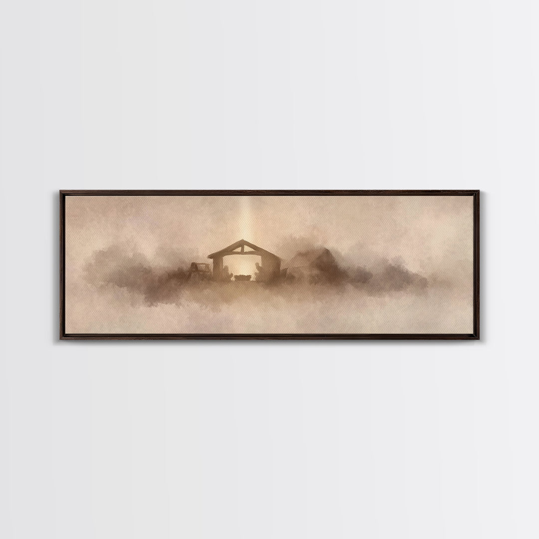 Holy Stable Glow, Framed Canvas Print, Panoramic Wall Art, Christian Art Canvas, Christmas Art, Christian Wall Art, Christian Christmas