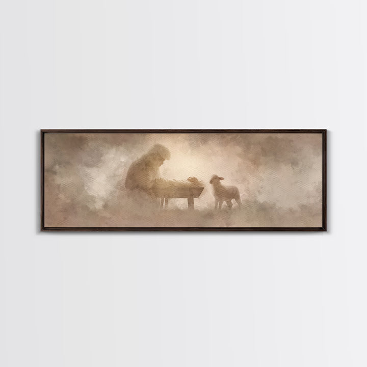 Tender Lamb Joy – Framed Canvas Print – Panoramic Print – Christian Art Canvas – Christian Wall Art – Christmas Art – Christian Christmas A