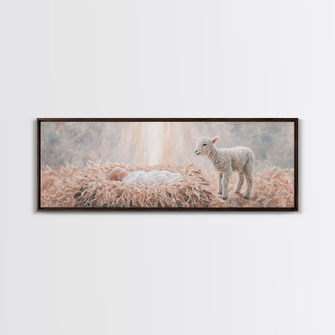 Gentle Nativity Peace, Framed Canvas Print, Christian Christmas Art, Panoramic Wall Art, Christian Wall Art, Jesus Painting