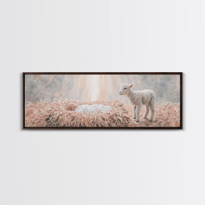 Gentle Nativity Peace, Framed Canvas Print, Christian Christmas Art, Panoramic Wall Art, Christian Wall Art, Jesus Painting