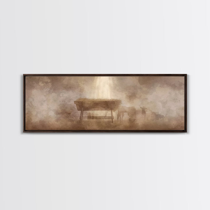 Shepherds At Peace, Framed Canvas Print, Panoramic Painting, Christian Art Canvas, Christian Wall Art, Christmas Art, Subtle Christian Art