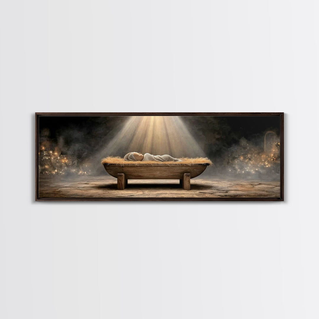 Holy Nativity Light, Framed Canvas Print, Panoramic Painting, Christmas Art, Christian Christmas Art, Jesus Christmas Art, Framed Christmas