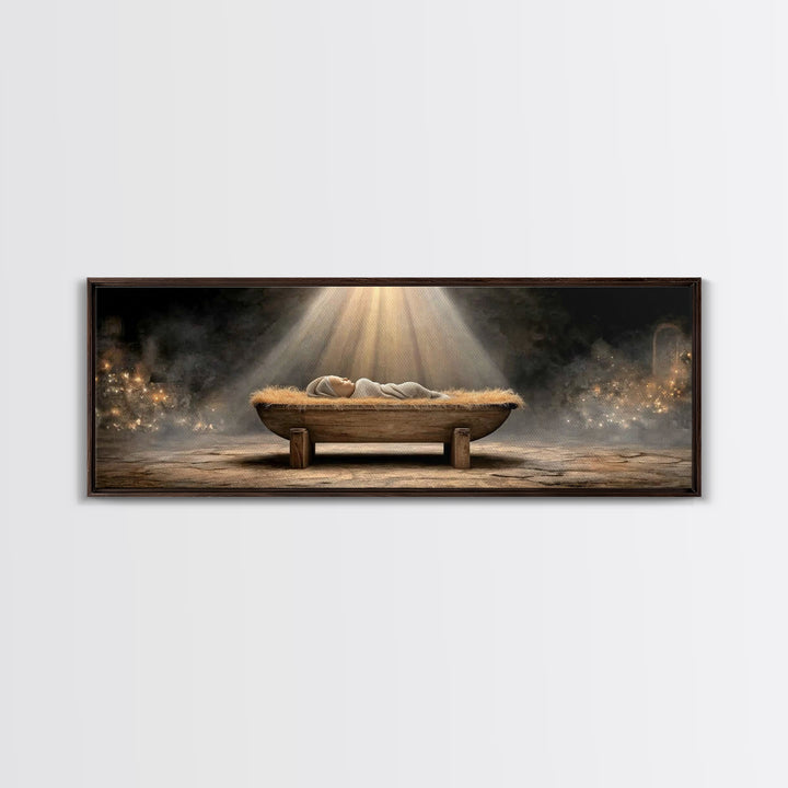 Holy Nativity Light, Framed Canvas Print, Panoramic Painting, Christmas Art, Christian Christmas Art, Jesus Christmas Art, Framed Christmas