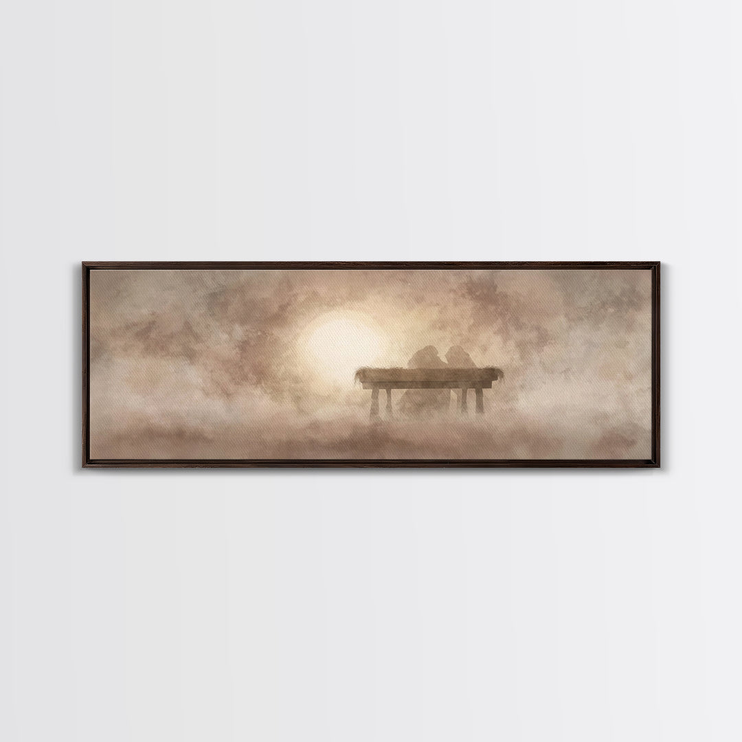 Manger In The Mist | Framed Canvas Print | Panoramic Wall Art | Christian Christmas Art | Christmas Canvas Wall Art | Christian Art Canvas