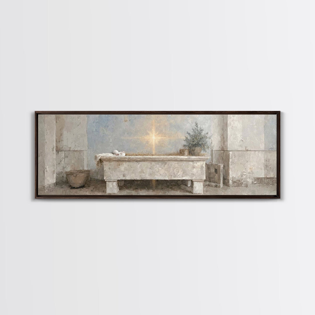 Guiding Manger Light – Framed Canvas Print – Christian Wall Art – Christmas Art – Christian Art Canvas – Panoramic Art – Jesus Painting – C