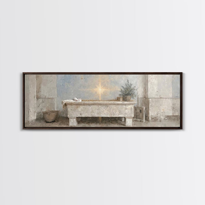 Guiding Manger Light – Framed Canvas Print – Christian Wall Art – Christmas Art – Christian Art Canvas – Panoramic Art – Jesus Painting – C
