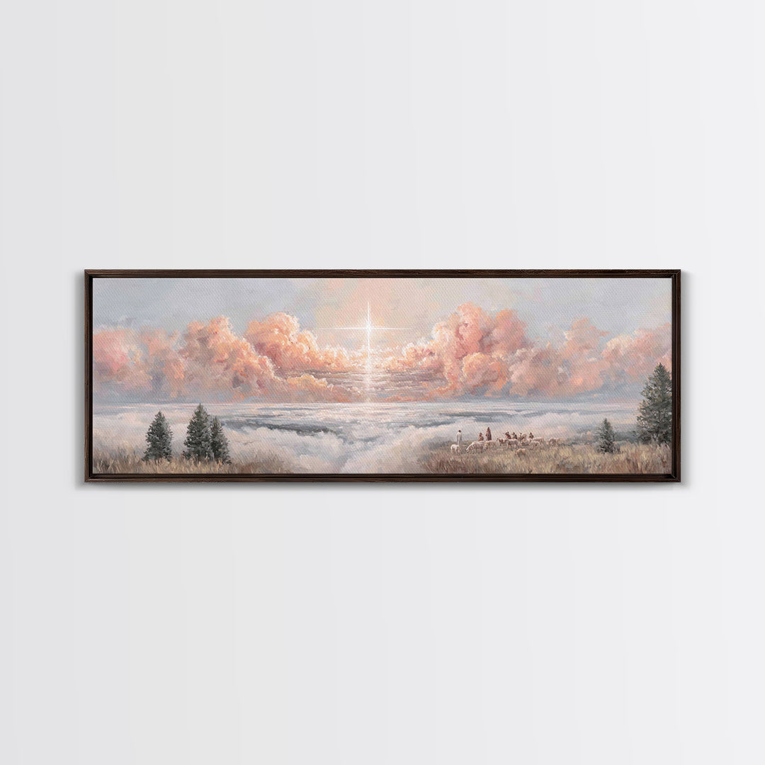Shepherds Of Light - Framed Canvas Print - Christian Art Canvas - Panoramic Wall Art - Christmas Art - Jesus Painting - Christian Wall Art