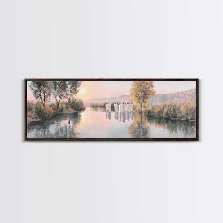 River Dawn Communion, Framed Canvas Print, Christian Wall Art, Christian Art Canvas, Jesus Painting, Panoramic Art