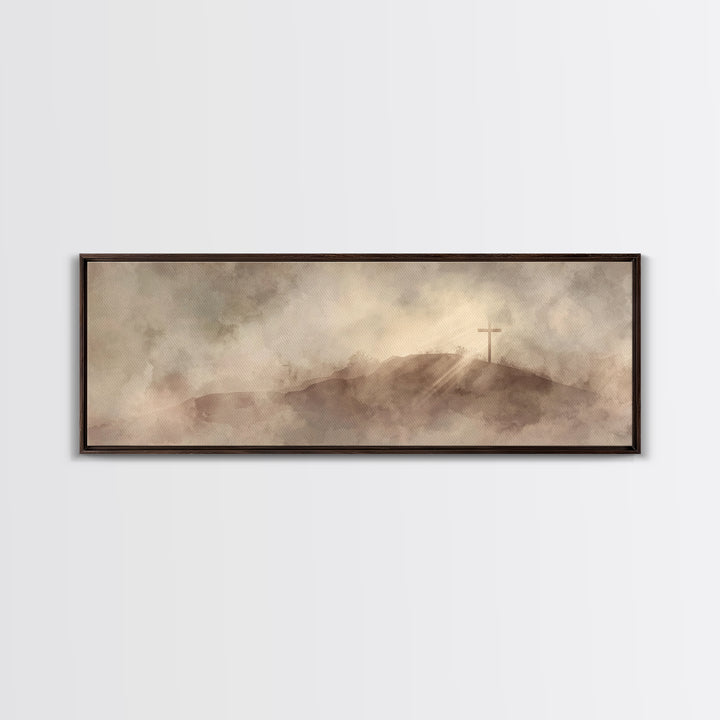 Hilltop Cross Light – Framed Canvas Print – Christian Wall Art – Christian Art Canvas – Panoramic Wall Art – Christian Decor