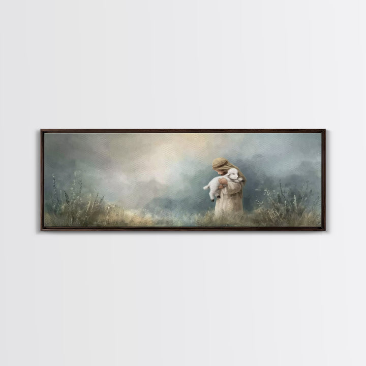 Tender Shepherd Embrace – Framed Canvas Print – Christian Wall Art – Christian Art Canvas – Jesus Painting – Panoramic Art – Christmas Art