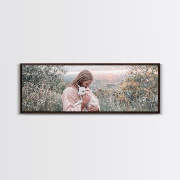 Gentle Pasture Peace, Framed Canvas Print, Christian Christmas Art, Christian Art Canvas, Jesus Painting, Panoramic Wall Art, Christian Dec