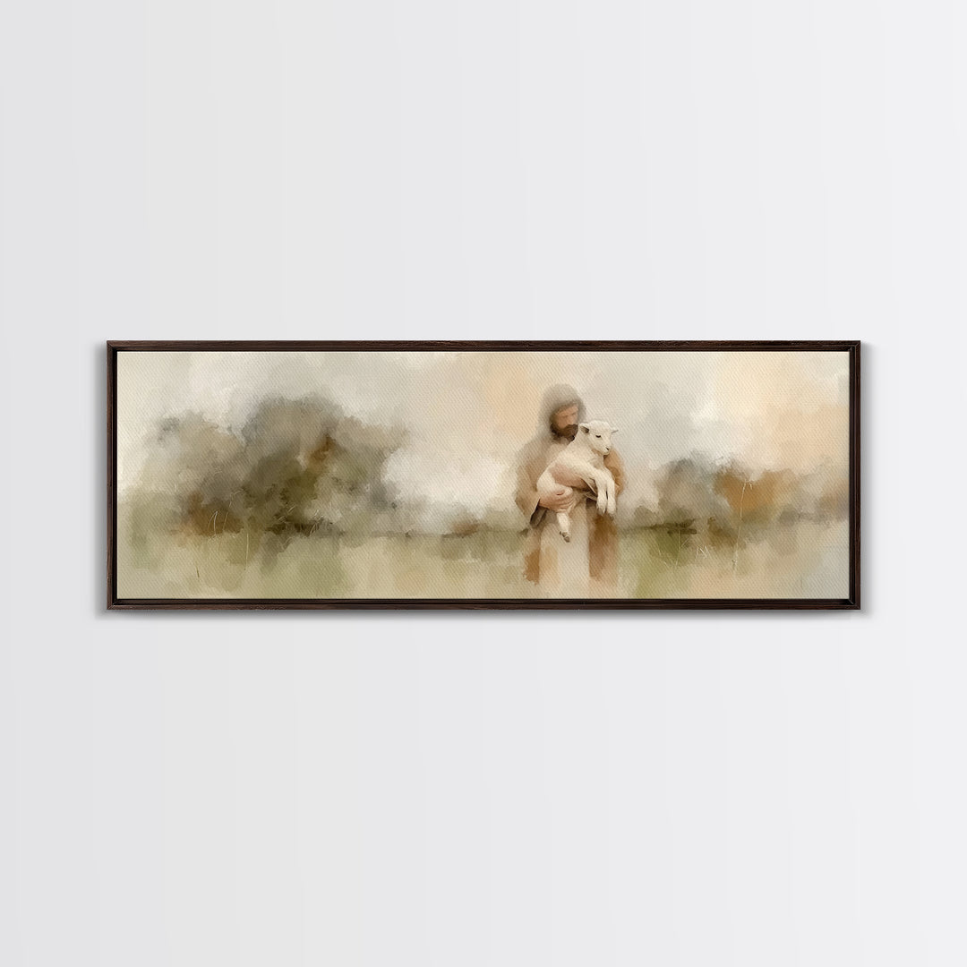 Warm Meadow Mercy | Framed Canvas Print | Christian Wall Art | Jesus Painting | Christian Art Canvas | Panoramic Painting | Christmas Art