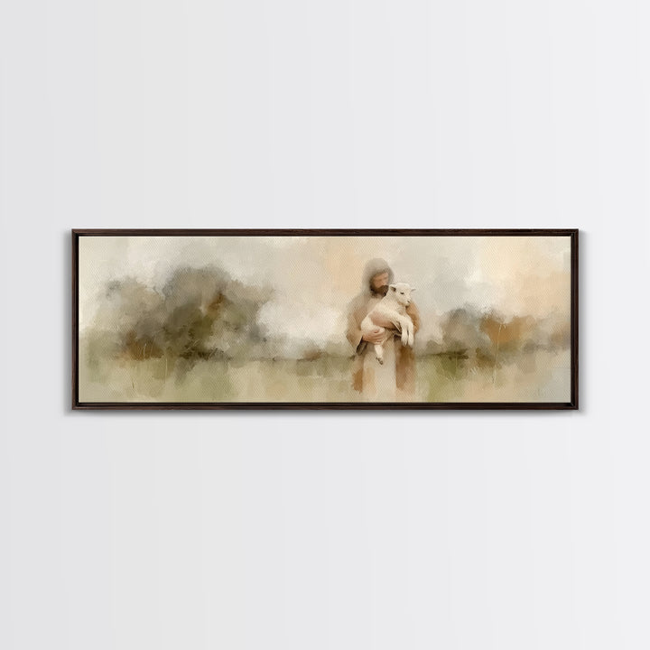 Warm Meadow Mercy | Framed Canvas Print | Christian Wall Art | Jesus Painting | Christian Art Canvas | Panoramic Painting | Christmas Art