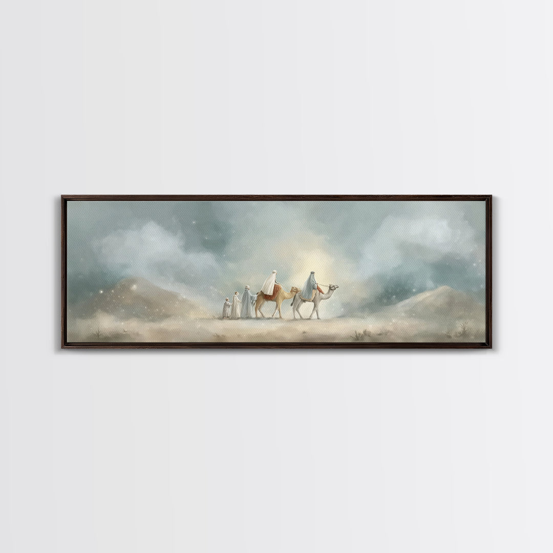 Desert Pilgrimage Light, Framed Canvas Print, Christian Wall Art, Christian Art Canvas, Panoramic Art, Christmas Art, Christian Christmas A
