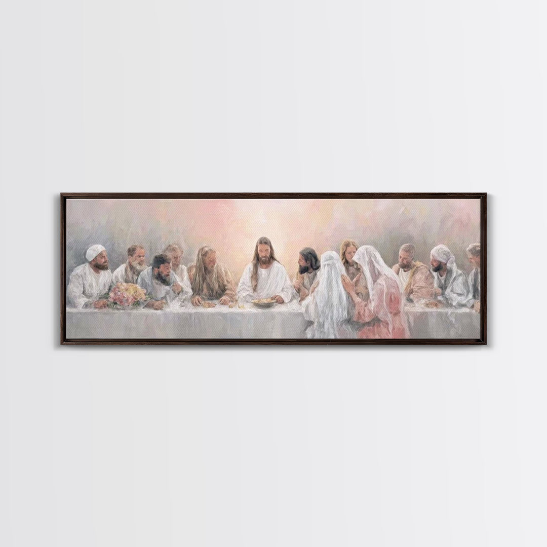 Sacred Supper Light – Framed Canvas Print – Christian Wall Art – Jesus Painting – Panoramic Art – Christian Art Canvas