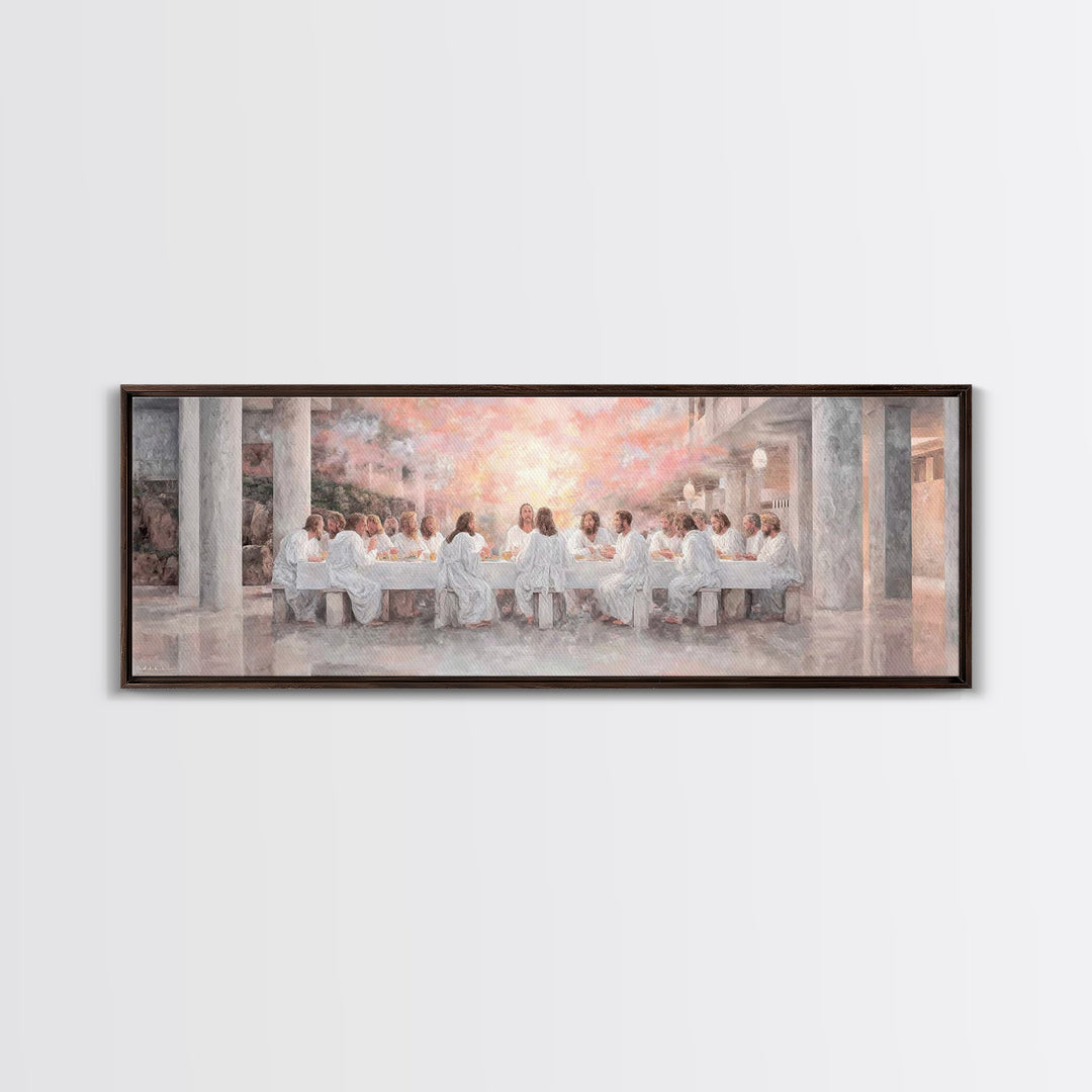 Sacred Supper Reflection, Framed Canvas Print, Christian Wall Art, Jesus Painting, Panoramic Painting, Christian Art Canvas